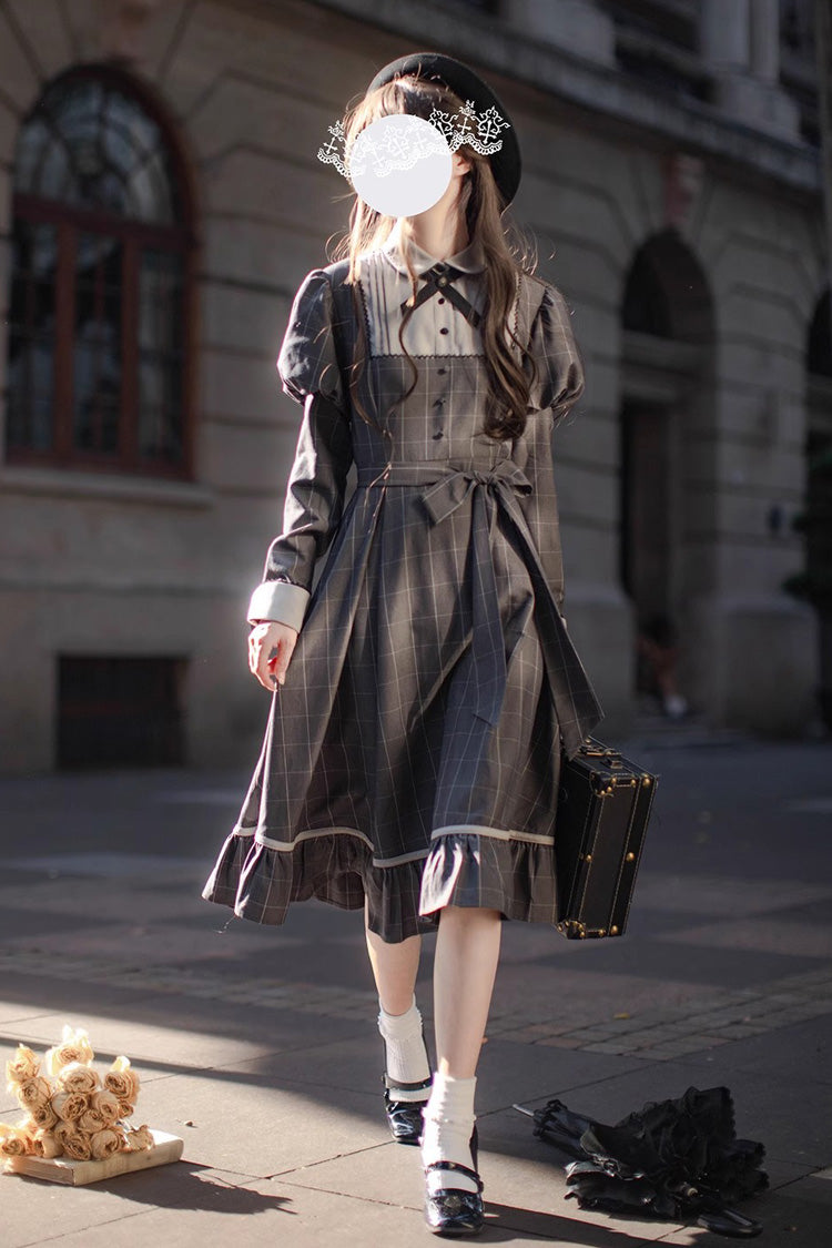 Grey Plaid Print Ruffle Bowknot Classic College Style Lolita Dress