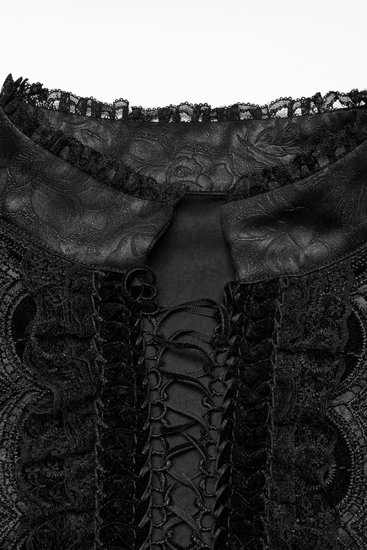 Black Stand Collar Long Sleeves Ruffle Embroidery Lace-up Plunging Rose Gothic Blouse