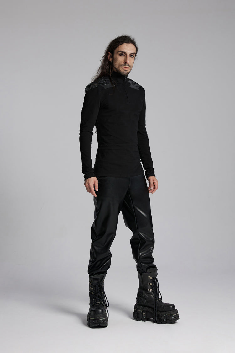 Black Stand Collar Long Sleeves Zip 3d Patch Print Punk T-shirt