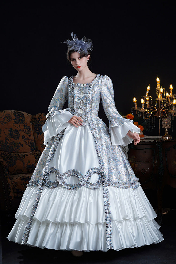 Blue Square Collar Long Trumpet Sleeves Double-layered Ruffled Embroidered Open-front Bow Classic Palace Lolita Victorian Dress