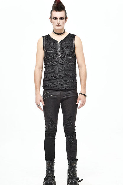 Black Broken Holes Thick Stripes Chest Chain Knit Punk Vest