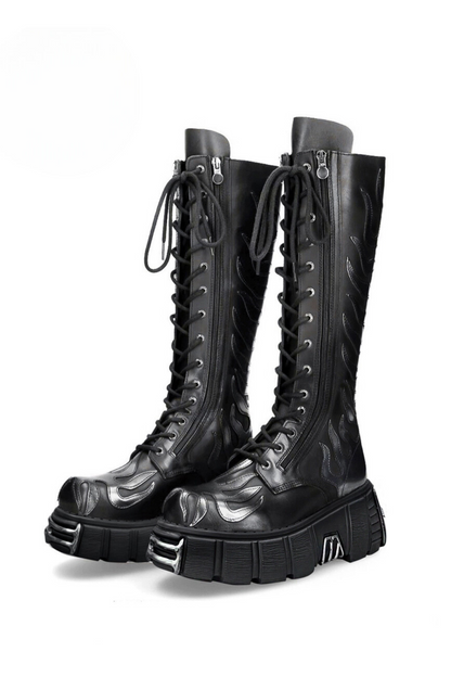 Dark Lace-up Slim Long Boots