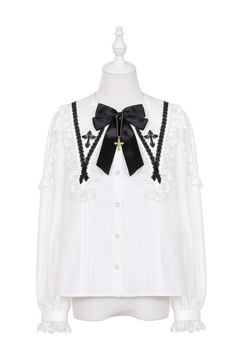 Holy Cross Flutter Sleeve Suspender Skirt + Shirt