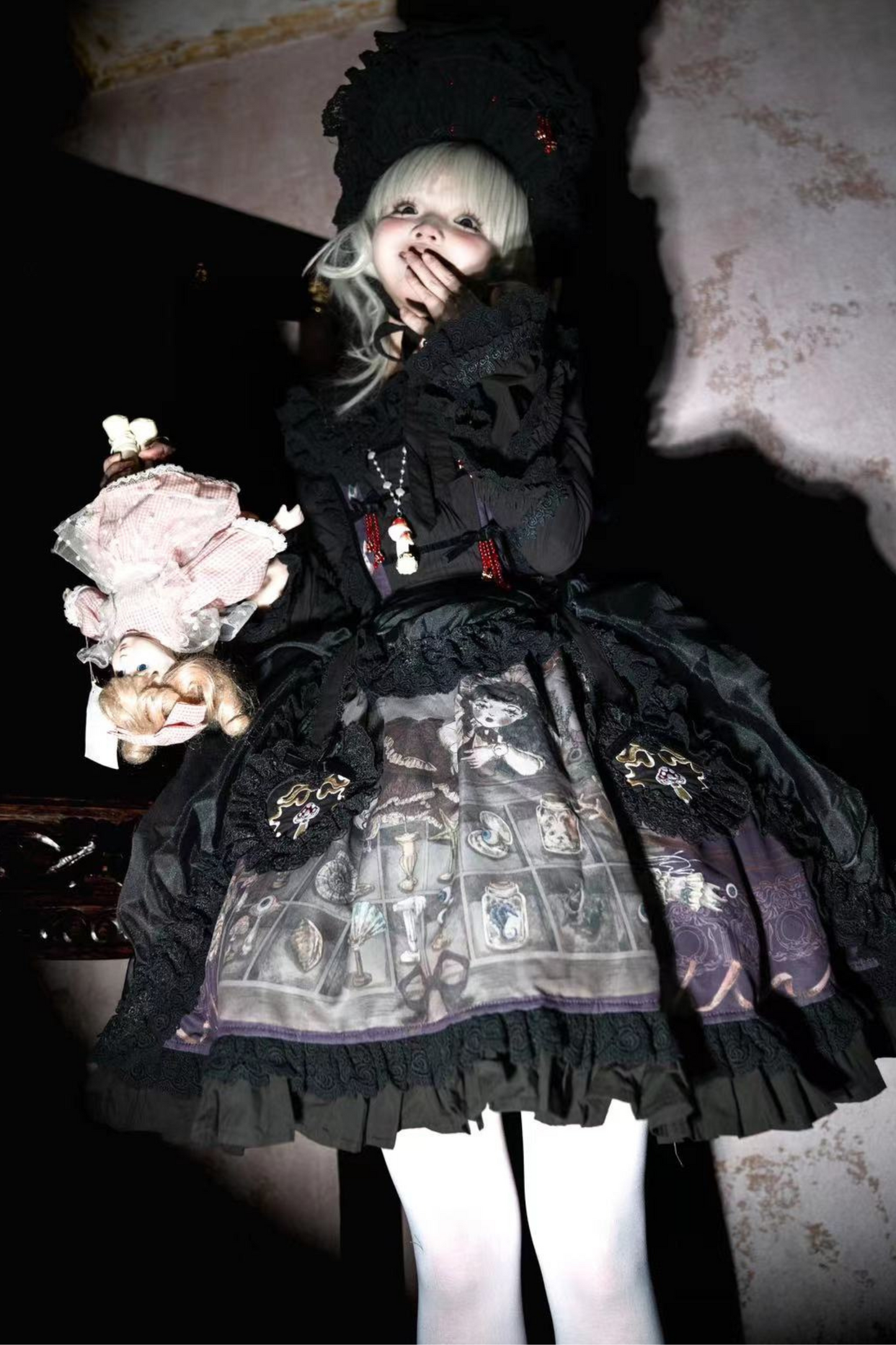 Ruffled Beaded Gothic Straps Printed Dress