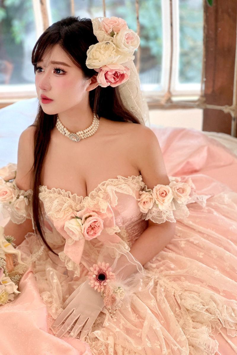 Love and Flower Sweet Dress + Ribbon Hair Accessory + Flower Hair Accessory