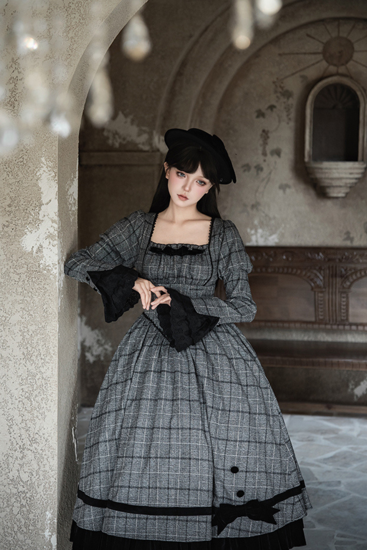 Plaid Fishbone Chest Jsk + Dress + Innerwear + Ribbon + Hat
