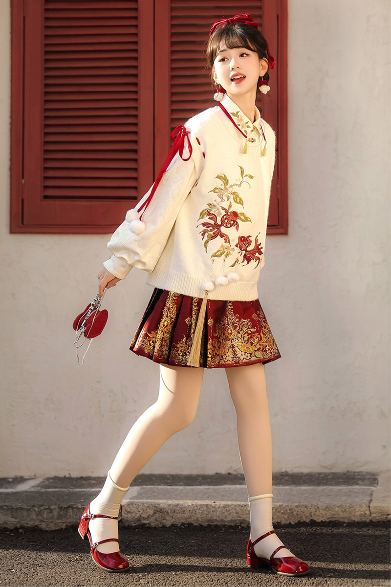 China Snow Knit Vest + Shirt + Skirt