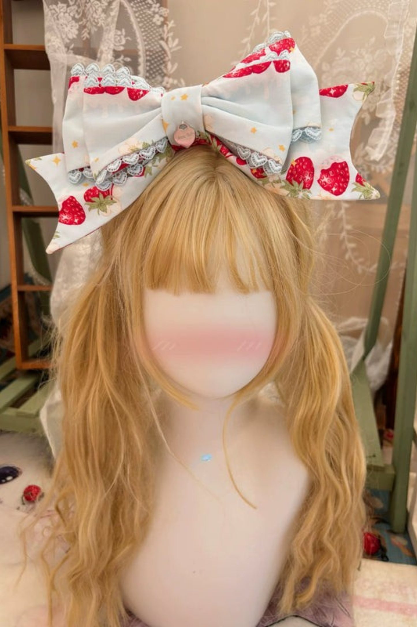 Strawberry Lolita Jumper Skirt + Rabbit Hair Scarf + Big Ribbon + Top + Hat + Bonnet