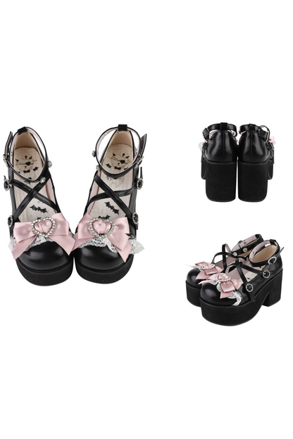 Lace Sheep Puff Lolita Lace Rhinestone Ribbon Flatform Shoes