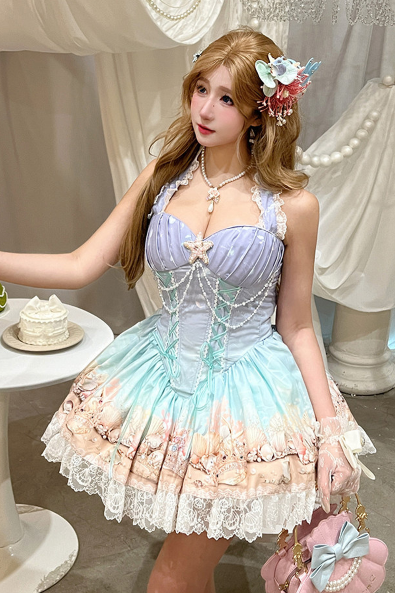 Gradient Bubble Halter Neck French Dress + Skirt