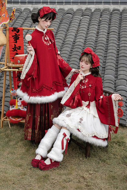 Chinese-style Big Sleeve Dress + Apron + Skirt + Leg Warmers + Hairband + Clip + Pin