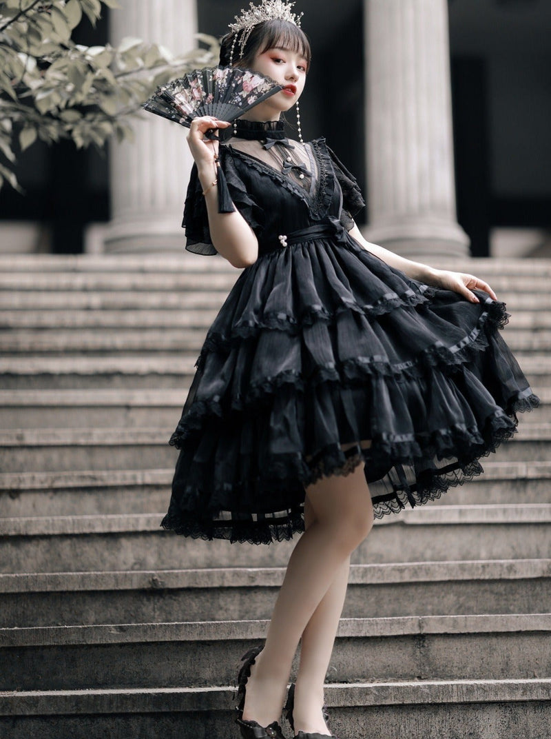 Stand Collar Ruffle Tiered Airy Dress