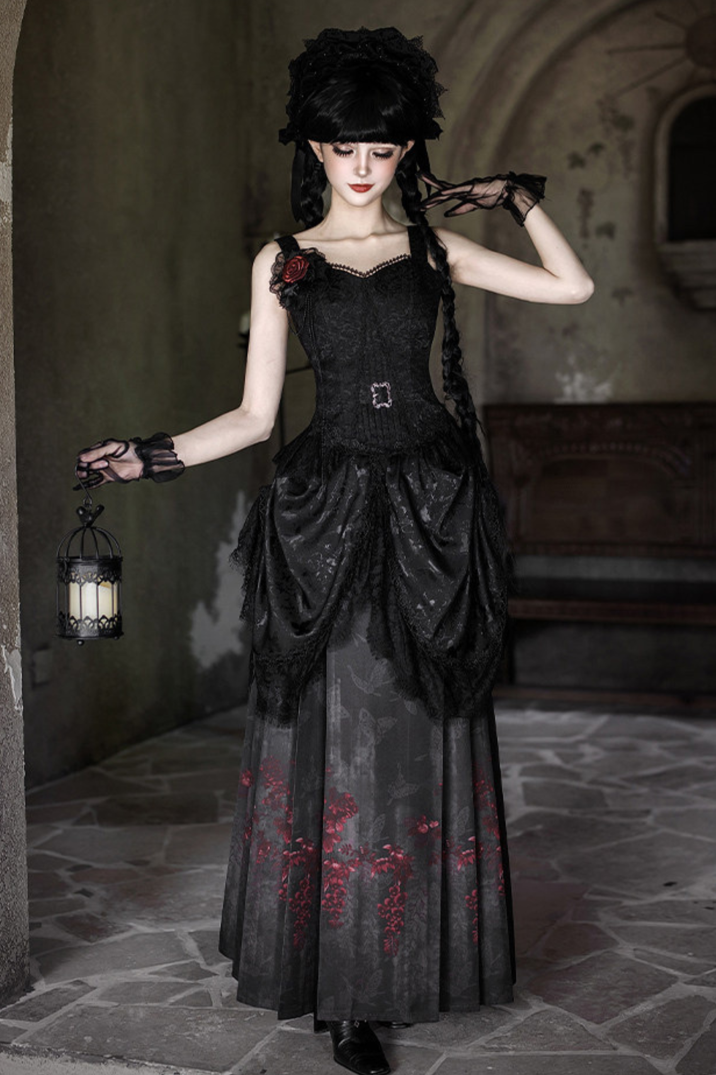 Gothic Corset Top + Short Coat + Hose + Curtain + Skirt + Flower + Bonnet