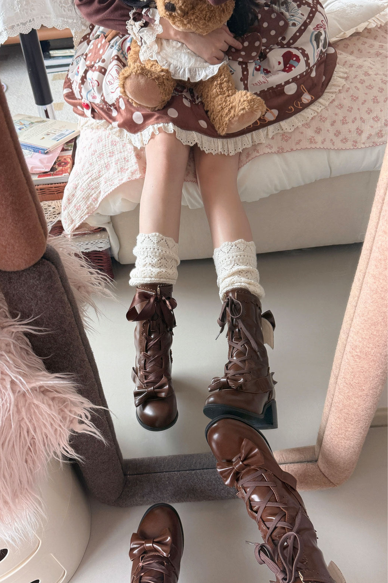 Ribbon Lace Up Mid Calf Boots