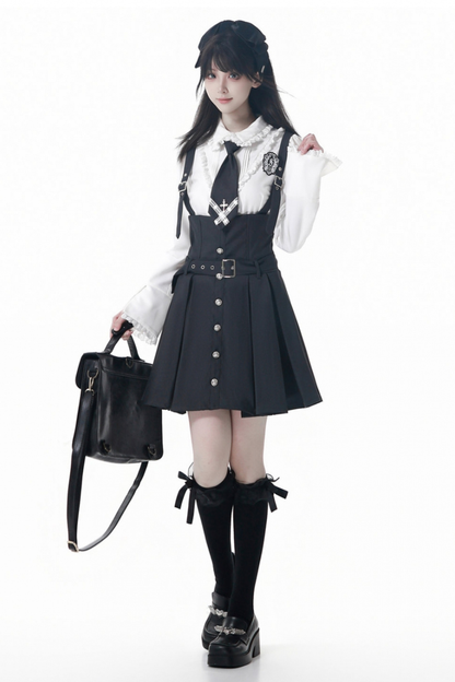 College Jacket + Suspender Skirt + Blouse + Tie