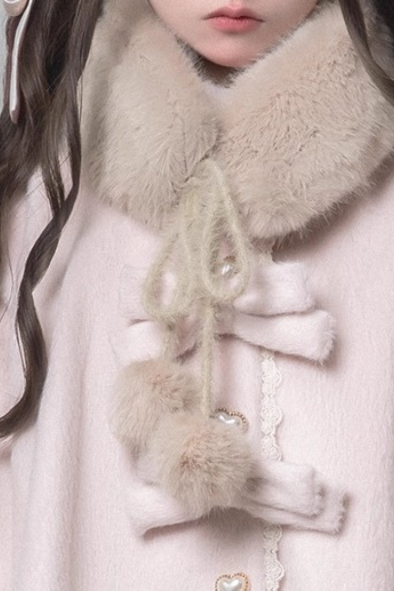 Sweet Girly Ribbon Flared Coat + Fur Collar + Shirt + Skirt + Beret