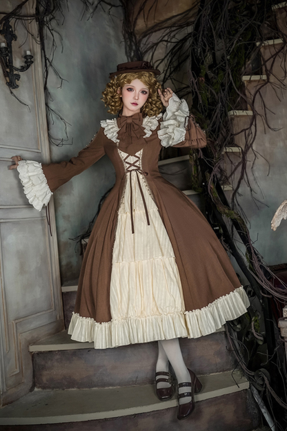 Lace Stand Collar Flared Sleeve Twin Doll Lolita Dress + Collar + Hat