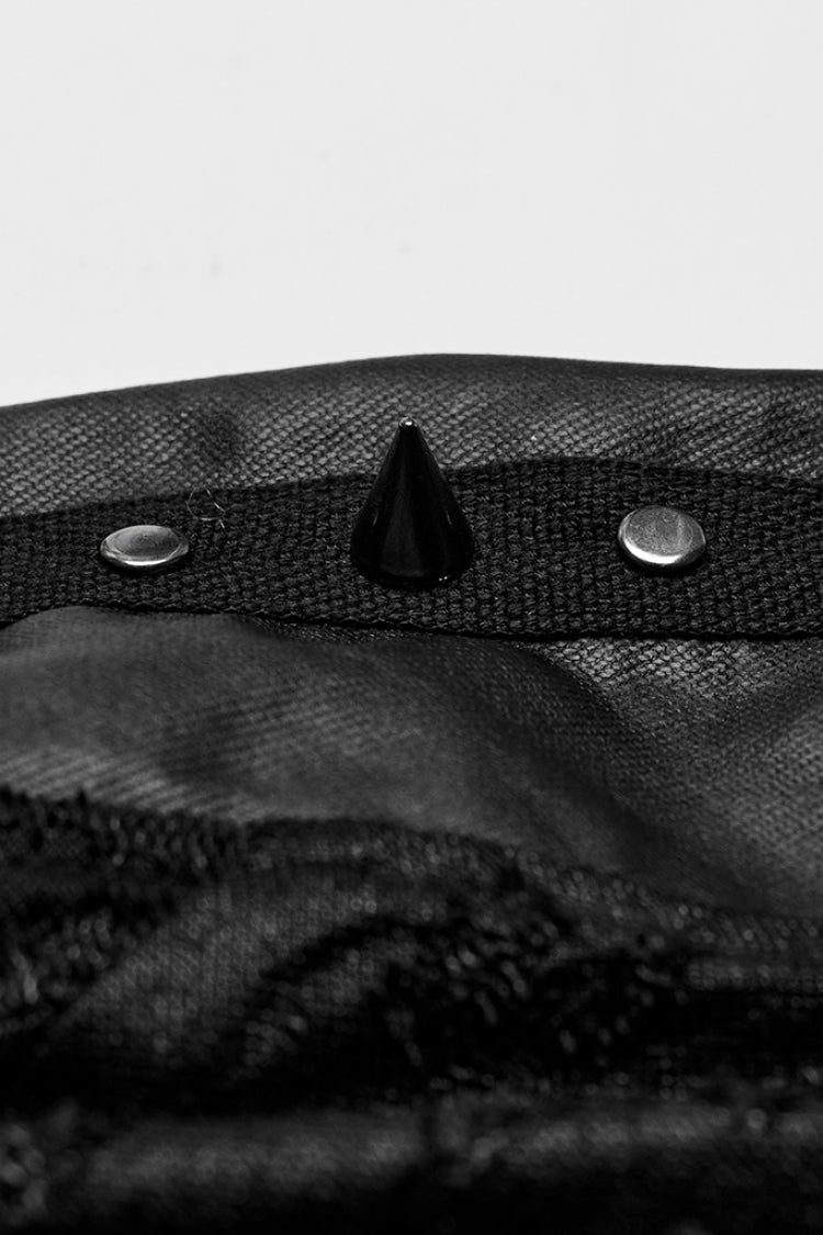 Black Lapel Collar Long Sleeves Faux Leather Stitching Punk Blouse