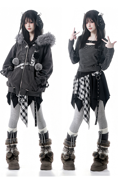 Fur Ball Fur Hooded Jacket + Top + Skirt