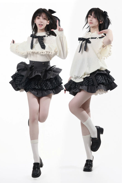 Off Shoulder Hoodie Top + Ruffled Top + Tiered Skirt + Camisole