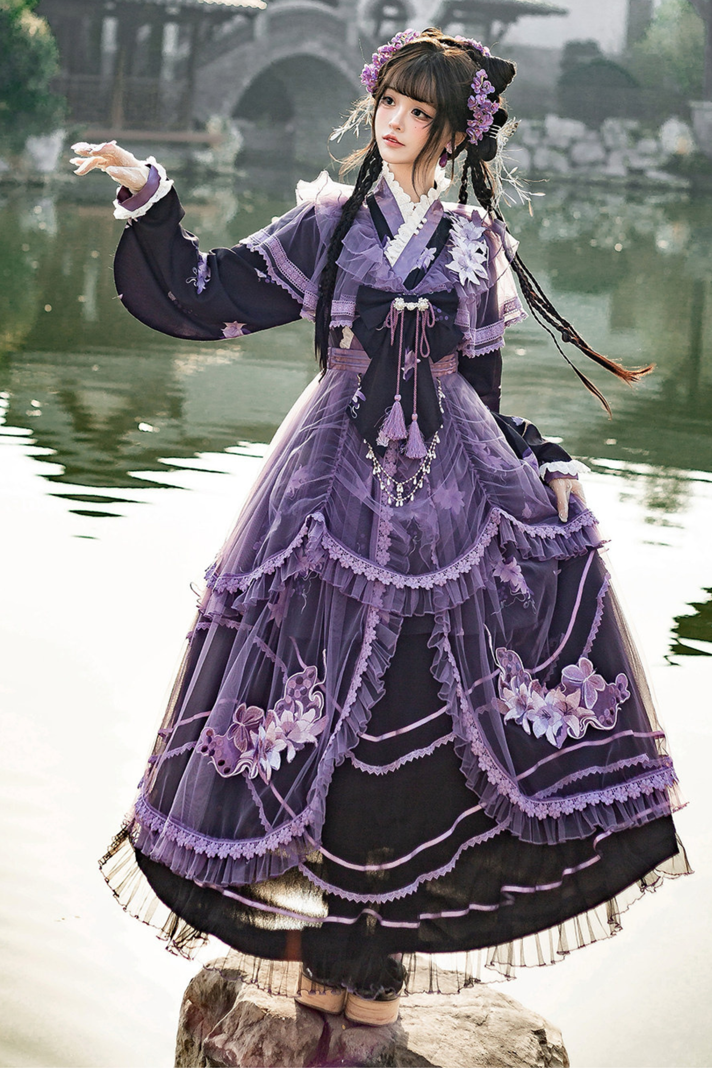 Dark Chinese-style Cross Collar Dress + Overdress + Skirt
