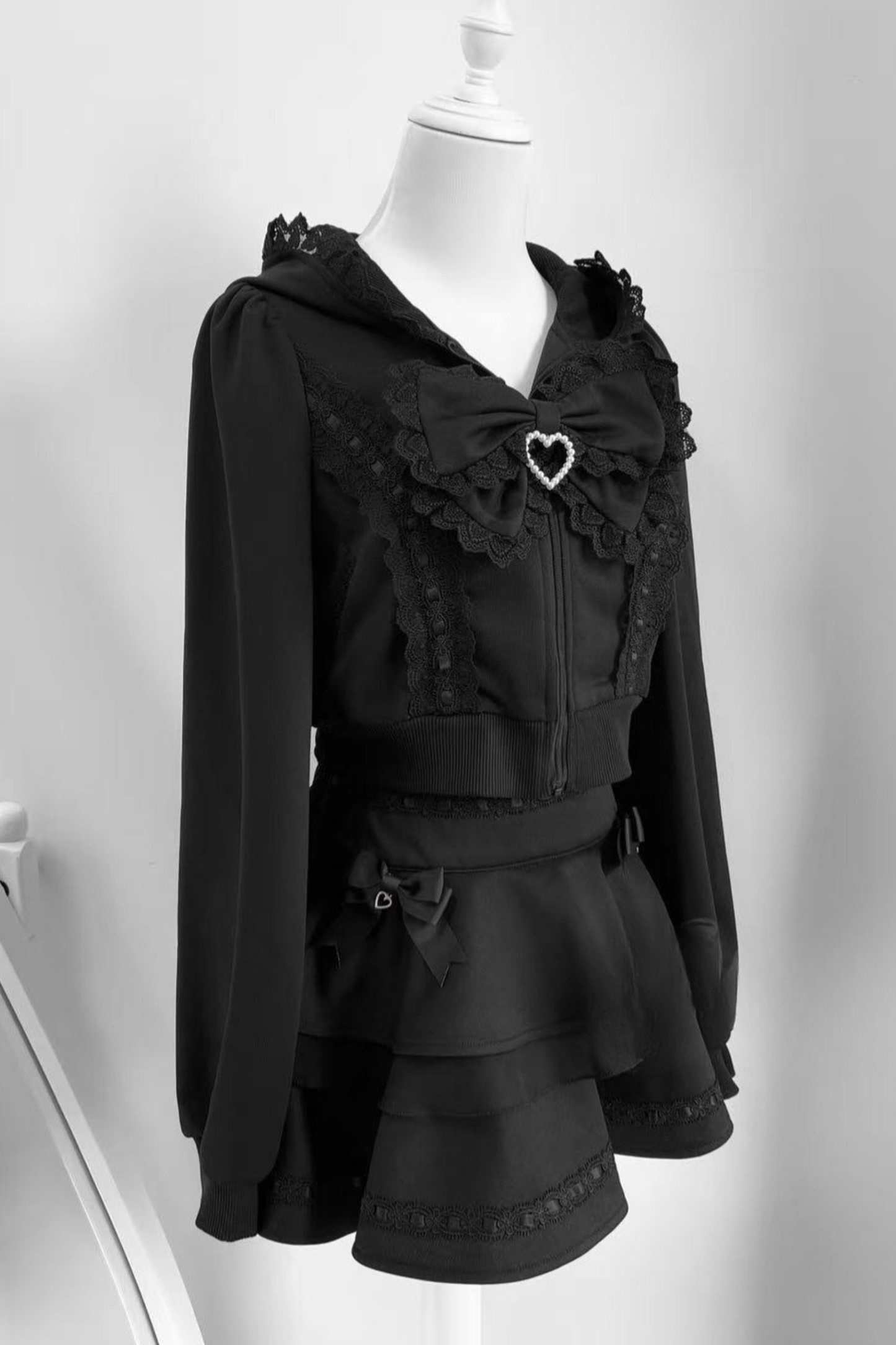 Ribbon Girly Cat Ear Hooded Zip Hoodie + Flare Skirt