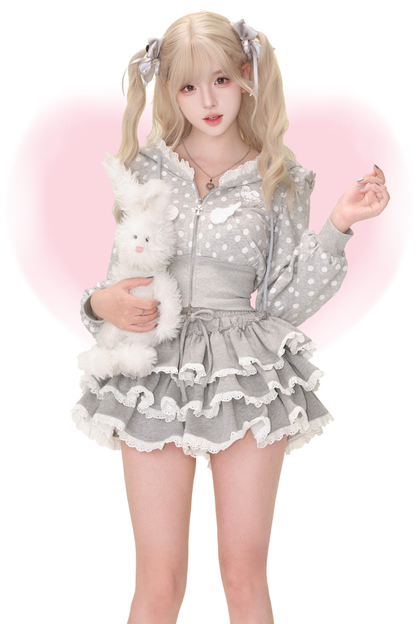 Dot Bunny Hooded Hoodie + Tiered Skirt