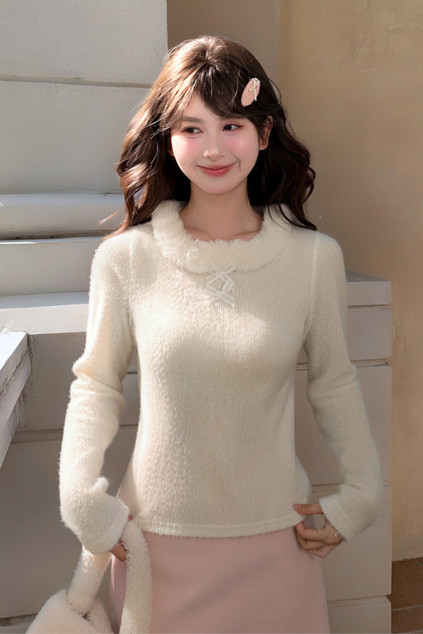 Sweet Ribbon Fur Knit Top