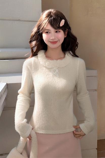 Sweet Ribbon Fur Knit Top