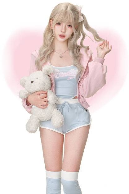 Sweet Pink American Hoodie + Tops + Shorts