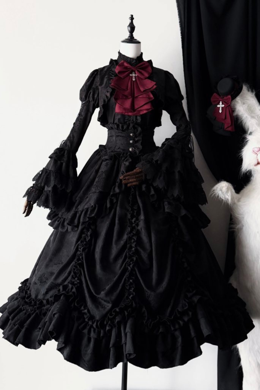 [pre-order Deadline: March 31] Cross Nocturne Gothic Dark Stripe Layered Top + Cross Rose Stripe Pull Up Skirt