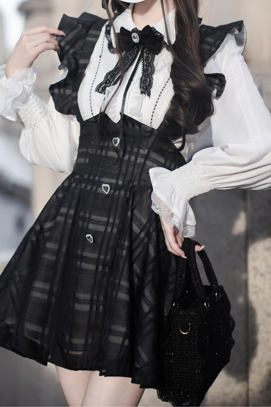 Ruffle Plaid Short Suspender Skirt + Shirt + Ribbon