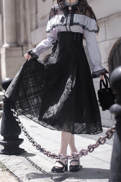 Long Skirt + Lace Shirt + Ribbon