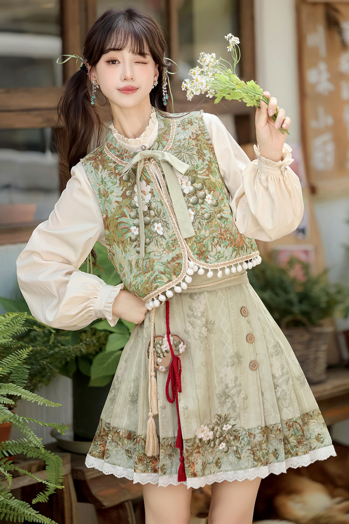 Forest Chinese-style Vest + Blouse + Skirt