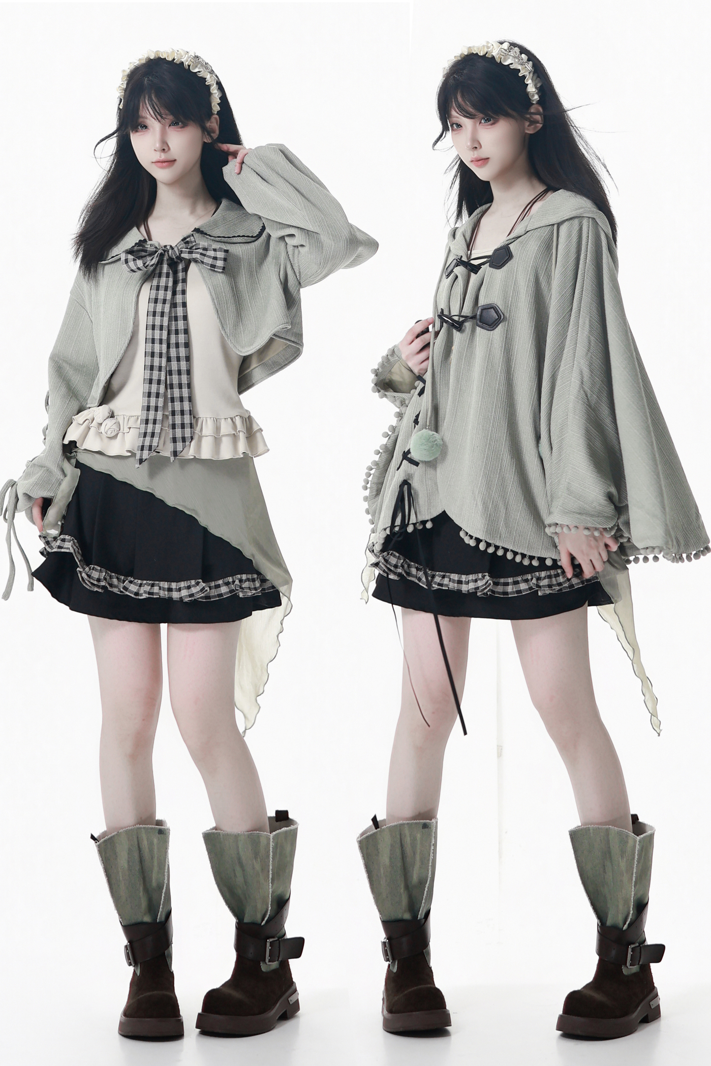 Plaid Ribbon Camisole Two Piece Jacket + Cape Coat + Skirt