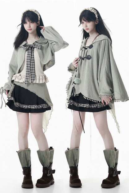 Plaid Ribbon Camisole Two Piece Jacket + Cape Coat + Skirt