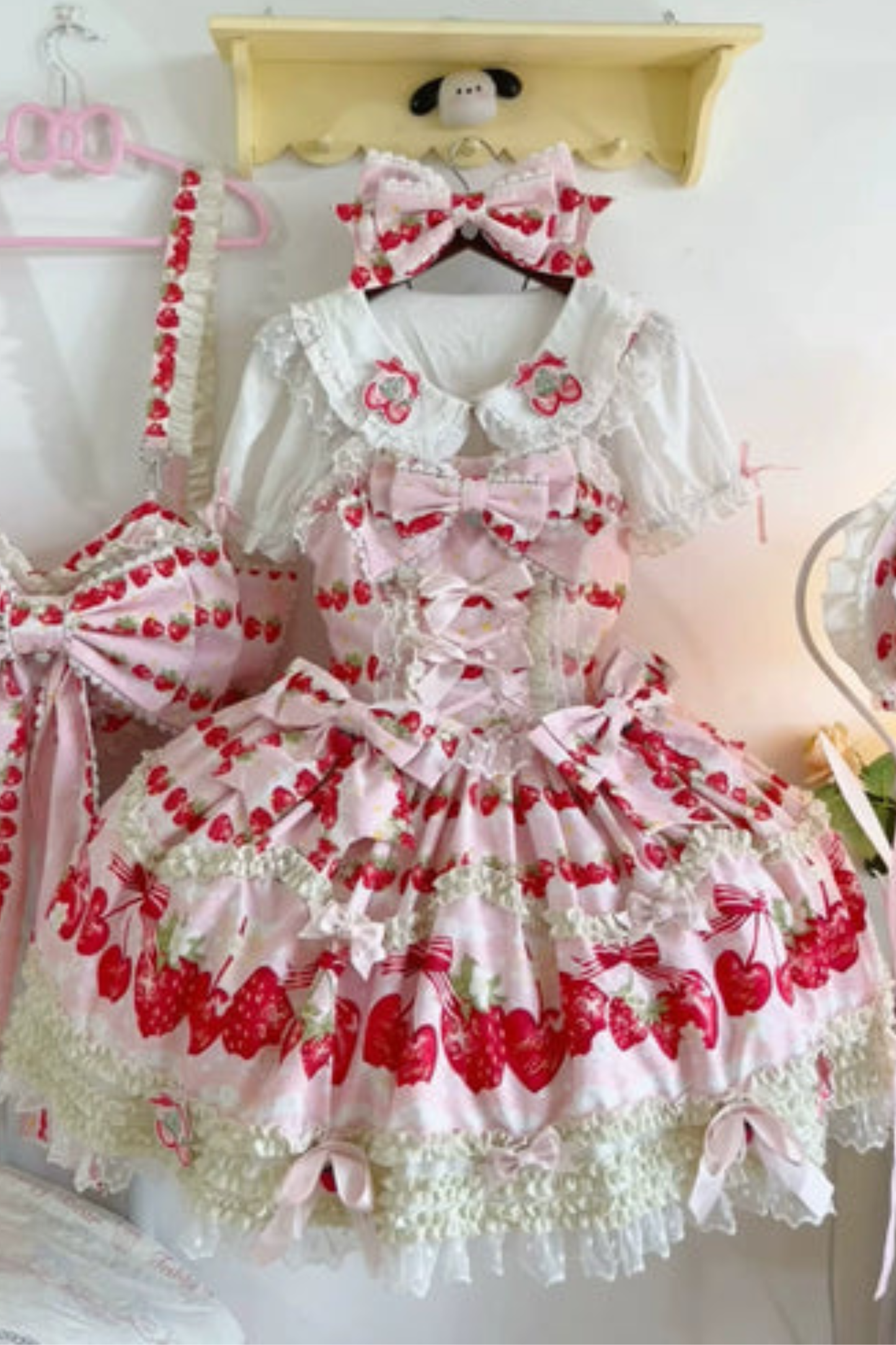 Strawberry Lolita Jumper Skirt + Rabbit Hair Scarf + Big Ribbon + Top + Hat + Bonnet