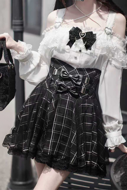 Jirai Off-the-shoulder Shirt + Plaid Skirt (with Inner Pants)