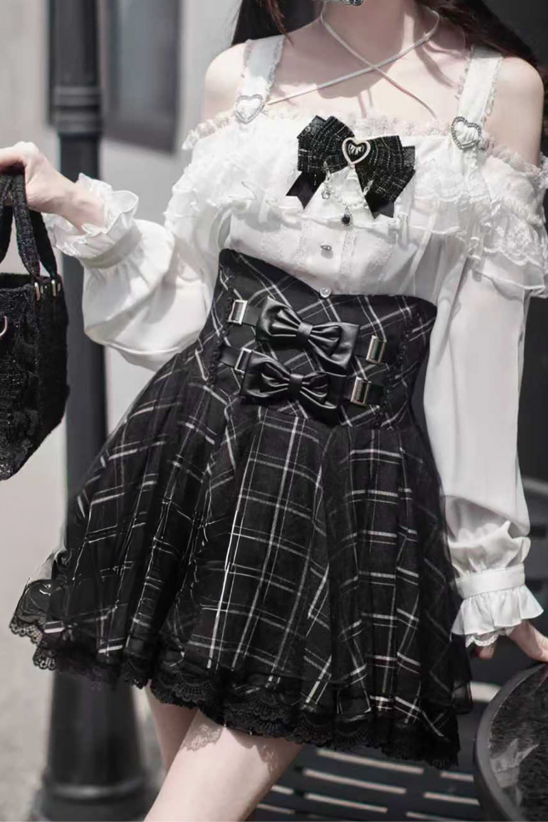Jirai Off-the-shoulder Shirt + Plaid Skirt (with Inner Pants)