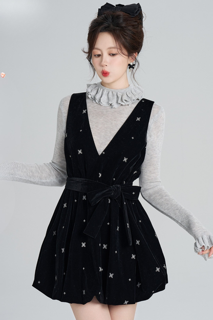 French Black Velvet Ribbon Balloon Dress