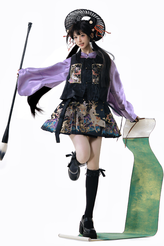 Dark Chinese-style Shirt + Vest + Skirt