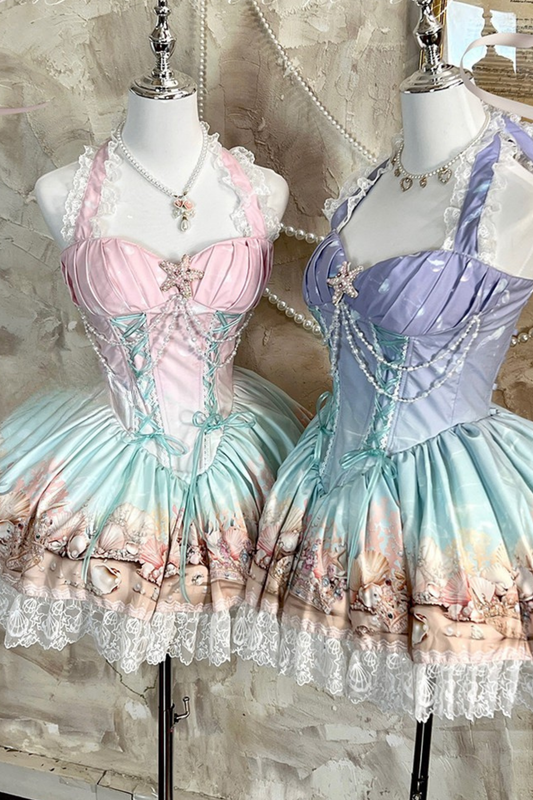 Gradient Bubble Halter Neck French Dress + Skirt