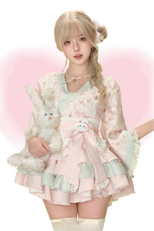Japanese Design Top + Tiered Skirt + Ribbon Belt