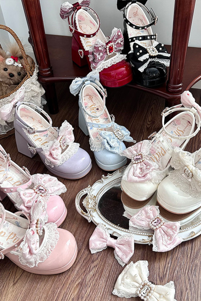 Polka Dot Lolita Ribbon High Heels