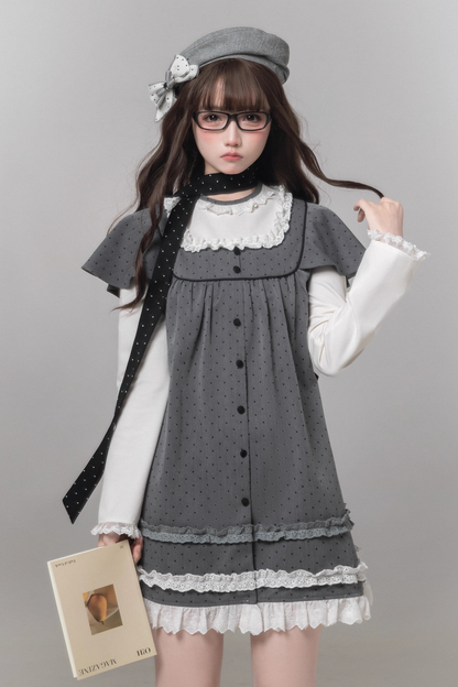 Gray Polka Dot Doll Dress + Beret