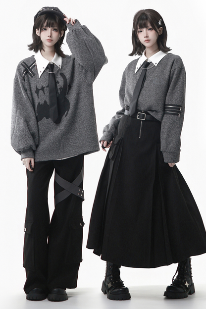 Gray Winter Preppy College Long Top + Short Top + Skirt + Pants + Shirt