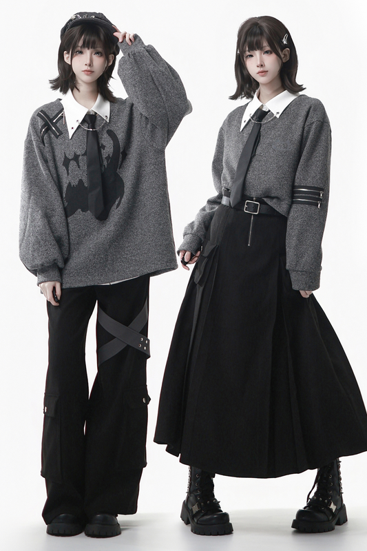Gray Winter Preppy College Long Top + Short Top + Skirt + Pants + Shirt