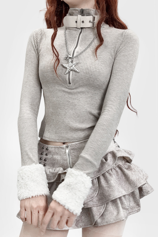 Fur Sleeve Knit Top