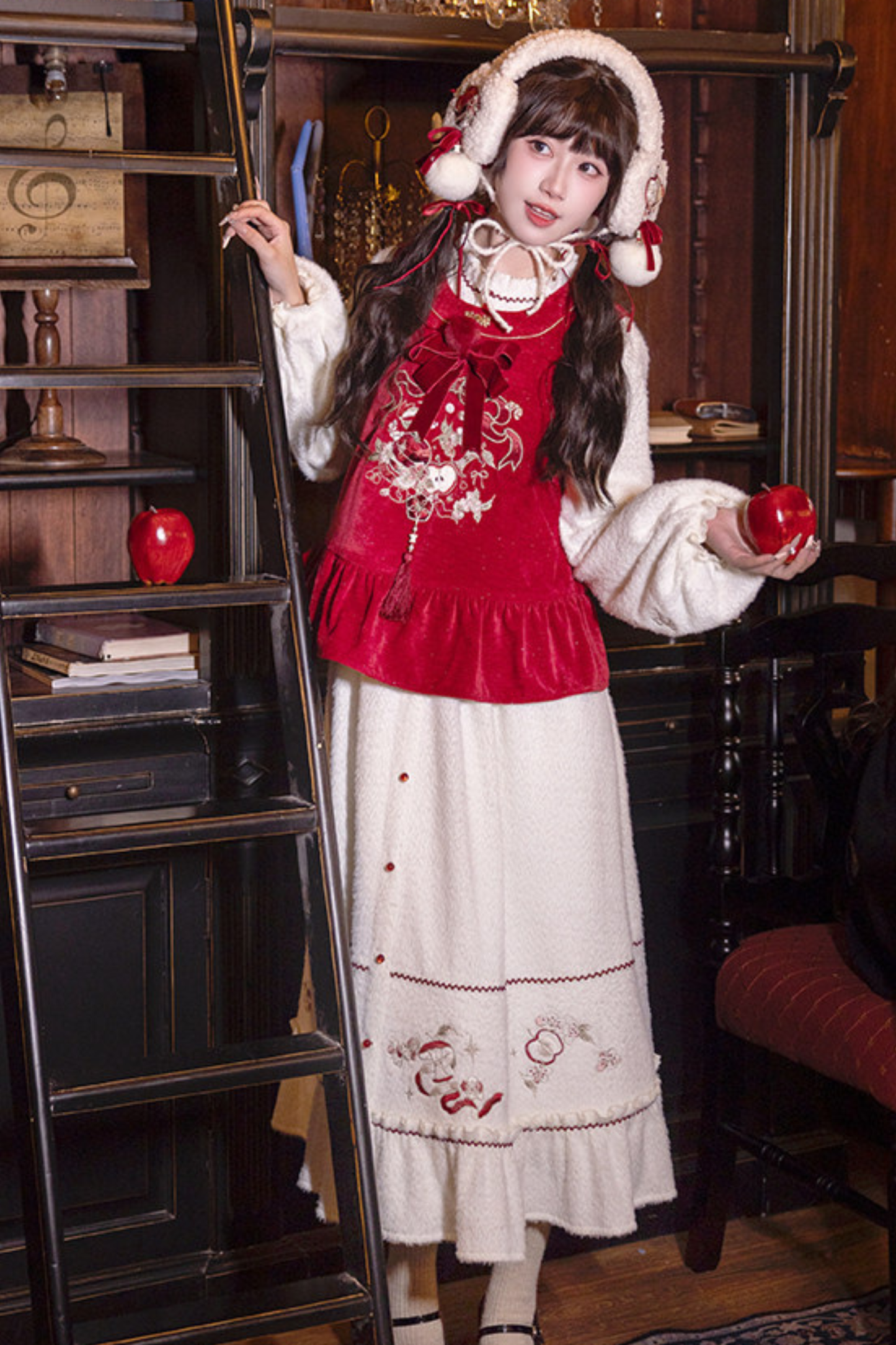 Chinese-style Dark Red Vest + Dress + Ear Cuffs