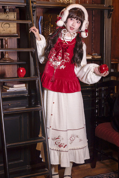 Chinese-style Dark Red Vest + Dress + Ear Cuffs